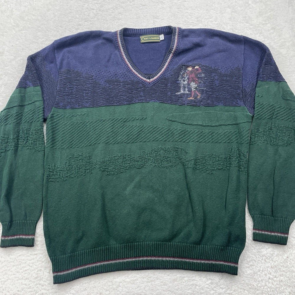 Vintage Croft Barrow 3D Knit Golf Scene Sweater Mens L Green V-Neck Cotton USA